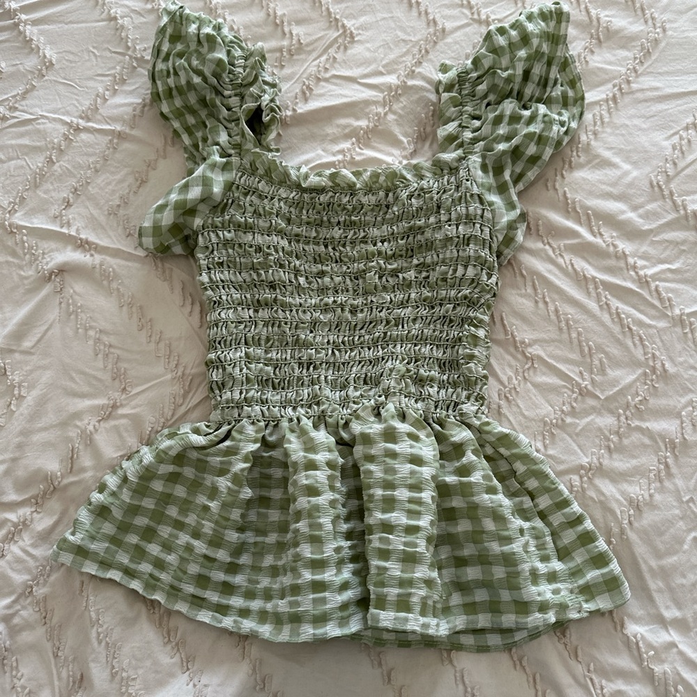 Max Studio Sage Gingham Smocked Blouse